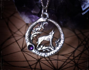 Ouroboros and wolf necklace with iolite or swarovski crystal, ouroboros necklace, pagan jewelry, wolf necklace