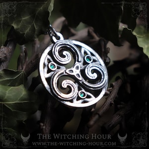Triskel pendant with green crystals, celtic jewelry handmade from fine pewter with antique finish