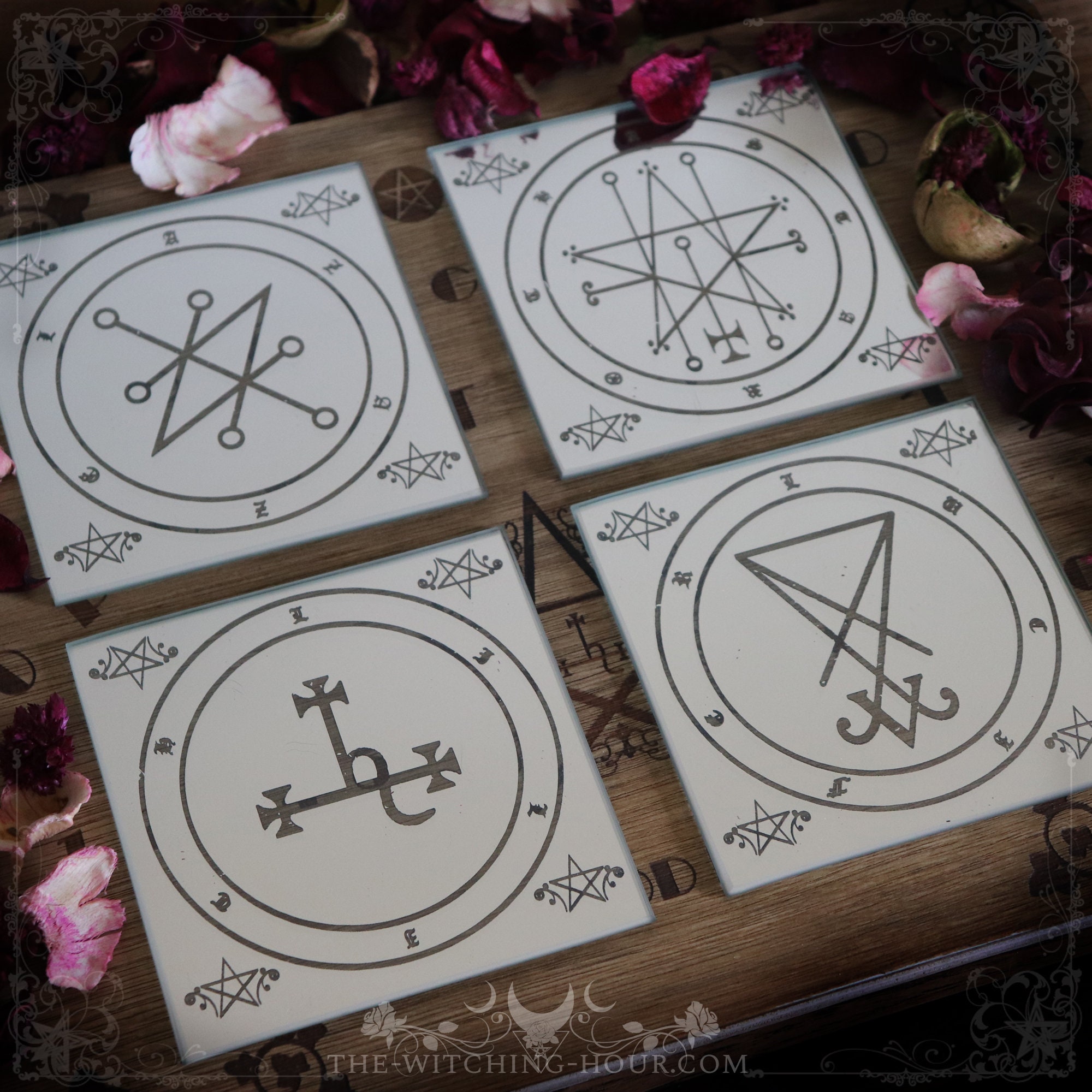 Dessous de Verre Sigils Lucifer, Lilith, Astaroth et Azazel, Décoration Luciférienne Occulte