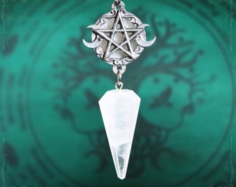 Pentagram pendulum necklace with rainbow moonstone and rock crystal, handmade in fine pewter