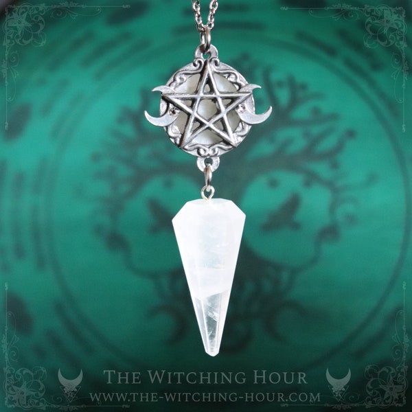 Collier pendule pentacle en cristal de roche et pierre de lune arc-en-ciel, pendentif pentagramme en étain fin, fabriqué artisanalement