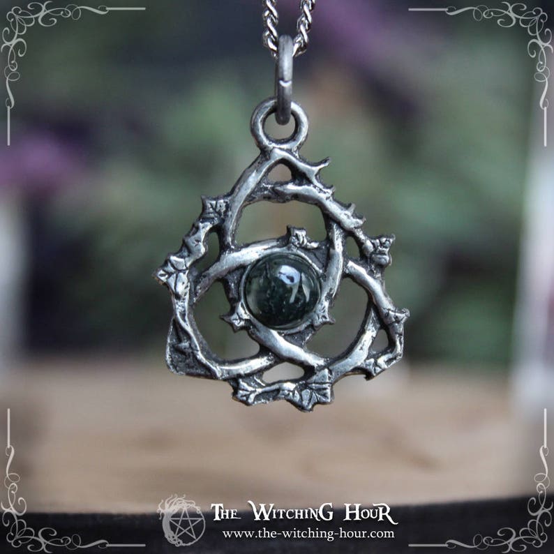 Celtic triquetra pendant with amethyst, labradorite or rainbow moonstone, celtic trinity knot necklace, esoteric jewelry Moss agate