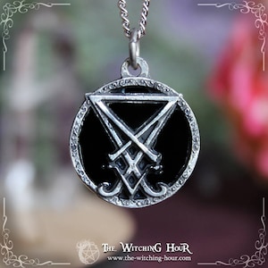Sigil of Lucifer necklace with black onyx, Luciferian jewelry handmade from fine pewter