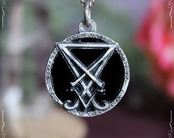 Sigil of Lucifer necklace with black onyx, Luciferian jewelry handmade from fine pewter