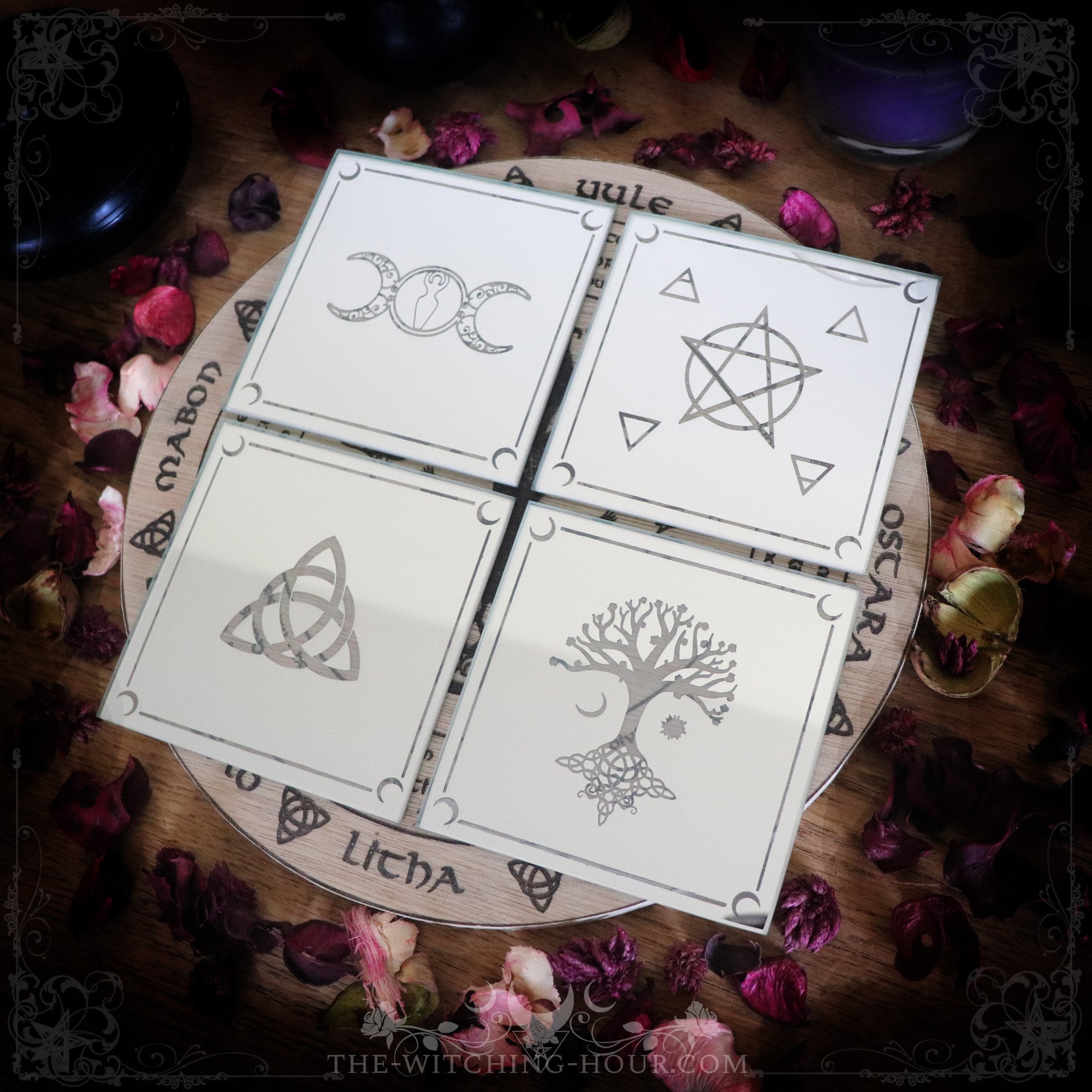 Dessous de Verre Symboles Wiccans et Païens, Pentacle, Arbre Vie, Triple Lune Triquetra, Décoration 