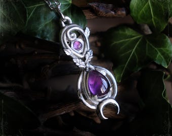 Elven necklace with purple amethyst and oak leaves, handmade pendant in fine pewter and natural stone