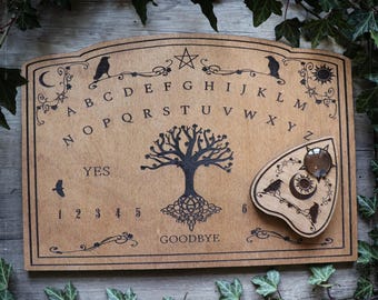 Wooden ouija board with Yddrasil tree of life and ravens, planchette for spiritualism, talking board, cabinet of curiosities decor