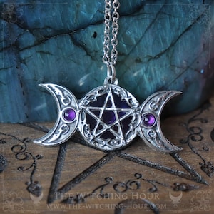 Pentagram pendant with amethyst, handmade gothic jewelry, triple moon wiccan symbol of protection