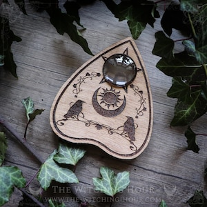 Wooden ouija planchette with engraved ravens, spiritualism tool, spirit board planchette, cabinet of curiosities decor