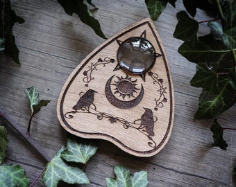 Wooden ouija planchette with engraved ravens, spiritualism tool, spirit board planchette, cabinet of curiosities decor