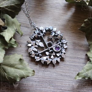 Sigil of Lilith necklace with amethyst surrouded by leaves, gothic jewelry handmade from fine pewter, original design