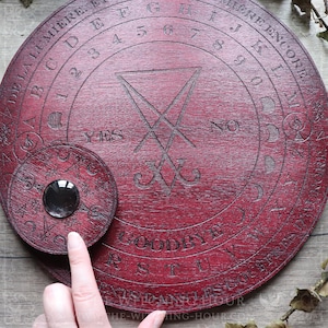 Sigil of Lucifer ouija board, red wooden spirit planchette for spiritualism, talking board engraved and hand painted, image 5