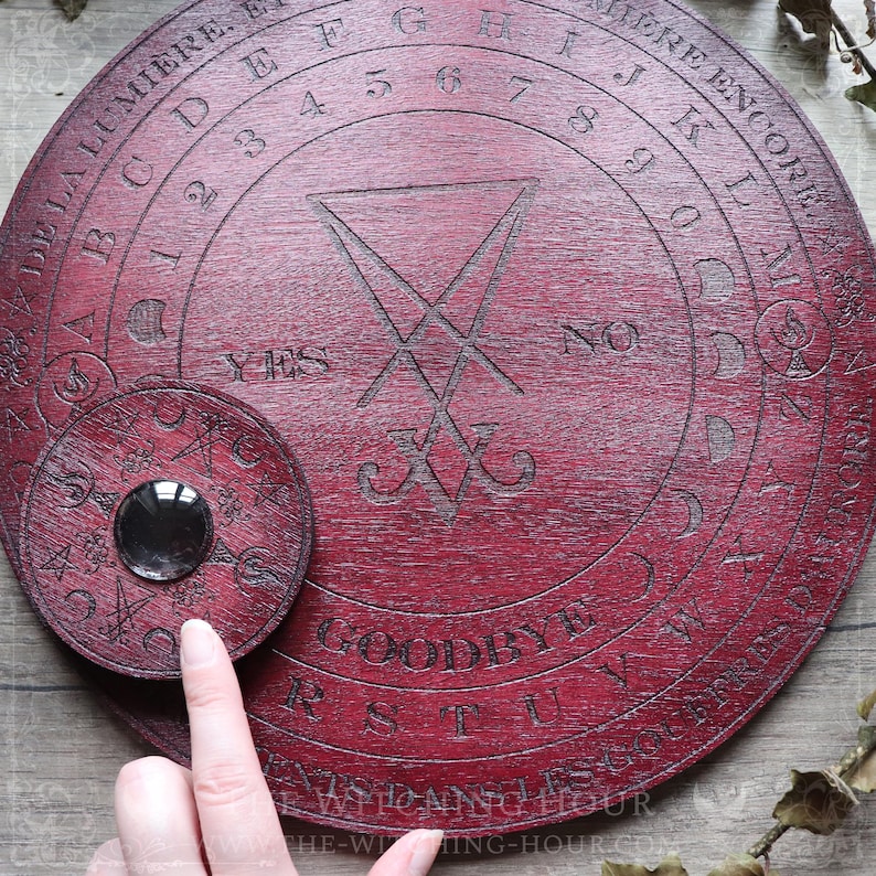 Sigil of Lucifer ouija board, red wooden spirit planchette for spiritualism, talking board engraved and hand painted, image 5