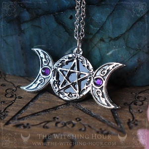 Pentagram and triple moon necklace with amethyst, pentacle pendant, pagan jewelry, wicca amulet triple goddess symbol