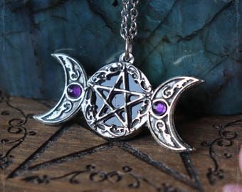 Sterling Silver Moon & Pentacle Pendant Necklace With Natural Amethyst Stone - View #4