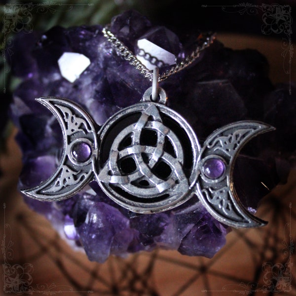 Triple moon and celtic triquetra pendant with  amethyst and onyx, trinity knot necklace, pagan jewelry