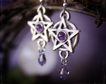 Pentagram earrings with amethyst and purple swarovski crystal drop, pagan jewelry