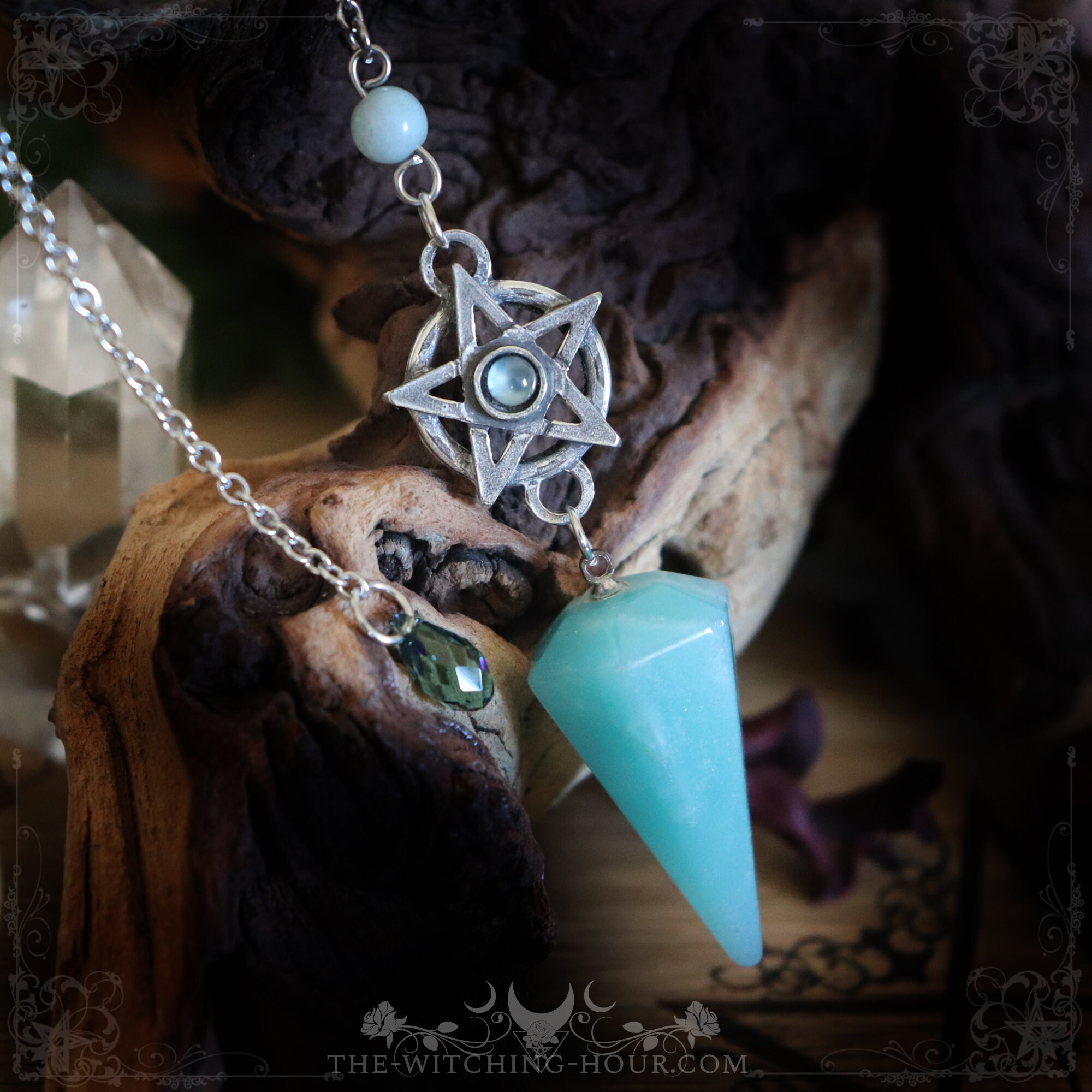 Pendule Divinatoire Orné d'un Pentacle, en Amazonite et Calcédoine