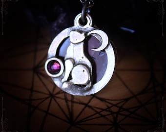 Colgante de gato y luna creciente con amatista natural, joyería para amantes de los gatos, hecho a mano