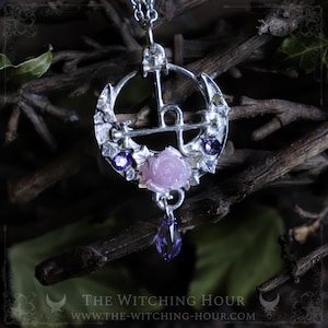 Sigil of Lilith necklace with purple rose and swarovski crystals, Goddess Lilith's seal pendant, handmade pagan jewelry, Ishtar symbol