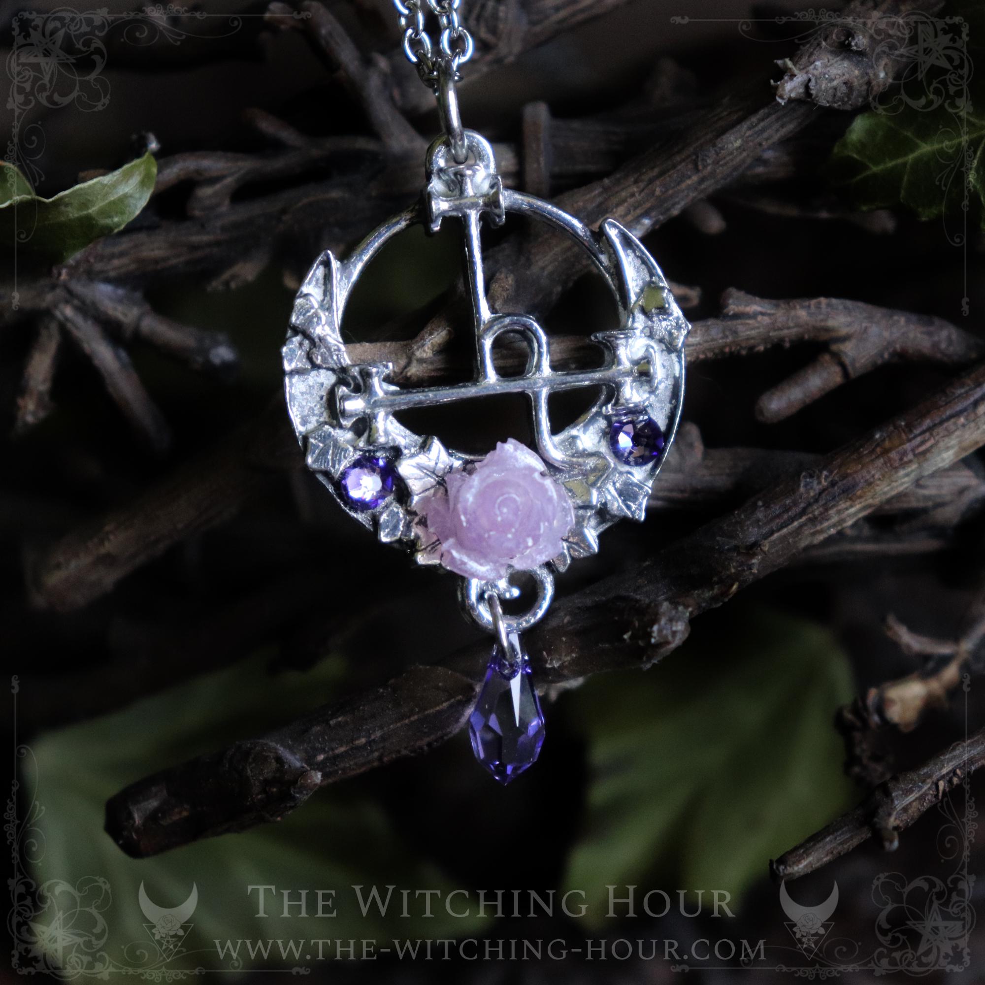 Pingente com Sigilo de Lilith com Cristais Rosa e Roxo, Colar com Selo da Deusa Lilith, Joia Pagã Feita à Mão, Símbolo de Ishtar