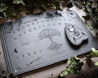 Black wooden ouija board with ravens and tree of life - talking board for spiritualism or gothic and dark academia home decor