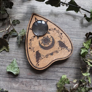 Crows and moon crescent wooden ouija planchette, engraved, spiritualism tool divination spirit board planchette