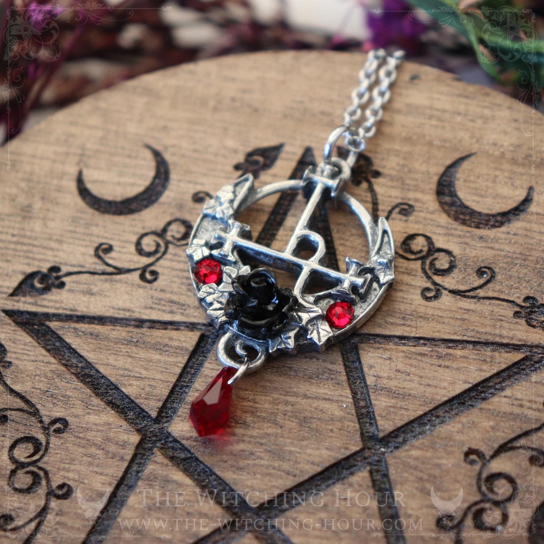 Sigil of Lilith Necklace With Black Rose and Red Crystals or Other