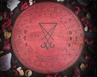 Sigil of Lucifer ouija board,  red wooden spirit planchette for spiritualism