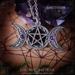 Pentagram and triple moon necklace with amethyst, rainbow moonstone or labradorite, pentagram pendant, pagan jewelry, pentacle necklace