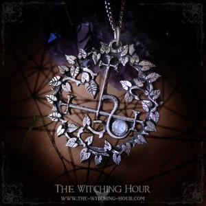 Sigil of Lilith pendant with rainbow moonstone, Lilith&#39;s sigil necklace, pagan jewelry