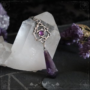 Celtic triquetra pendulum necklace in amethyst, pagan jewelry in natural stones