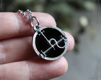 Sigil of Lilith necklace with onyx or rainbow moonstone, seal of goddess Lilith, occult jewelry