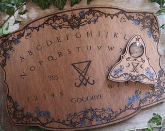 Lucifer's sigil wooden ouija board, engraved with gothic ornaments, flowers and leaves, planchette for spiritualism, handmade