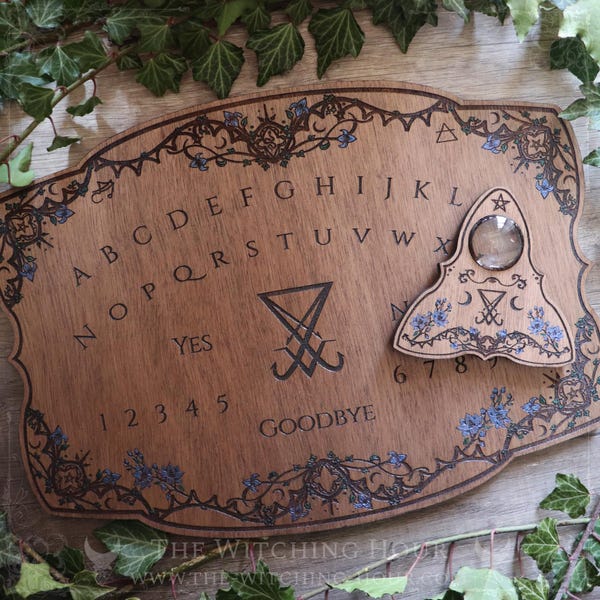 Lucifer's sigil wooden ouija board, engraved with gothic ornaments, flowers and leaves, planchette for spiritualism, handmade