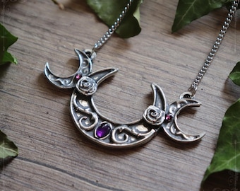 Triple moon necklace with amethyst, handmade gothic jewelry in fine pewter, symbol of the triple goddess Hecate