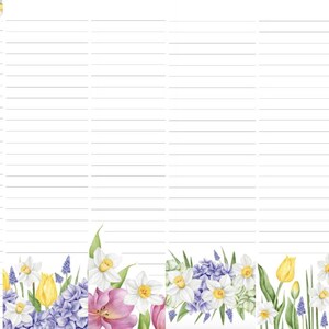 May include: White lined paper with watercolour floral accents. The design features pink tulips, white daffodils, and purple hyacinths. The flowers are arranged along the bottom and top left edges of the paper.