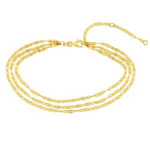 Layered Anklet Real 14K Yellow Solid Gold Triple Strand Mirror Chain Ankle Bracelet For Women, Adjustable Sparkle Link Chain Foot Bracelet
