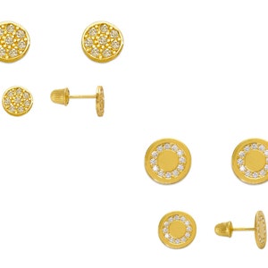 Disc Stud Earrings 14K Solid Gold Round Circle Earrings Gold Studs, Women Girls CZ Stud Earrings, Screw Back Earrings 5mm, 7mm