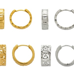 Huggie Hoops Earrings 14K Solid Yellow White Gold, Women Textured Huggie Earrings, Small Diamond Cut Hinged Hoop Earrings