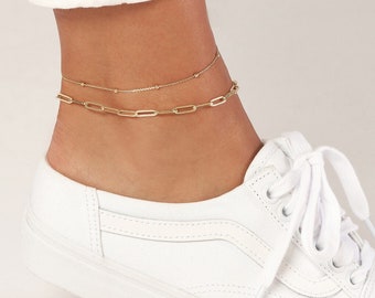 Paperclip Kette Fußkettchen 14K Gelb Echtgold Minimalist Fußkette, Zierliche 14K Gold Anklet Armband für Damen, Paper Clip Gliederkette Fuß Armband