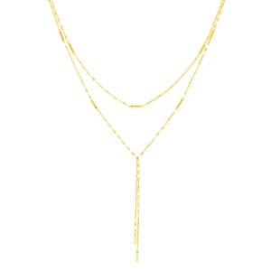 Bar Lariat Necklace 14K Solid Yellow Gold Double Layered Choker Necklace, Double Y Necklace, Adjustable Hammered Mariner Chain Choker