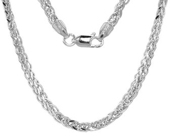 May include: A silver-toned wheat chain necklace featuring a woven, braided metal link design. The necklace is constructed with a polished, reflective surface and includes a secure lobster claw clasp mechanism at the center for fastening.