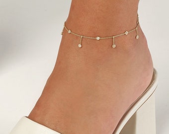 CZ Bezel Drop Anklet 14K Solid Gold Cubic Zirconia Station Chain Anklet, Dainty Adjustable 14K Real Gold Ankle Bracelet For Women