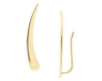 14K Solid Gold Curved Bar Climber Earrings, Minimalist Ear Crawler Earrings, Women Modern Earrings