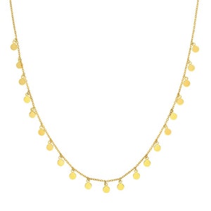 Multi Disc Necklace 14K Solid Yellow Gold Coin Charm Necklace, Women Dainty Disk Dangle Necklace Adjustable Cable Chain