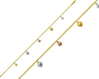 Heart Anklet 14K Solid Tricolor Gold Charm Ankle Bracelet For Women, Dainty 14K Gold Star Anklet, Delicate Rolo Chain Foot Bracelet