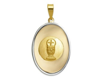 14K Solid Two Tone Gold First Holy Communion Oval Medallion Pendant Charm Catholic Jewelry