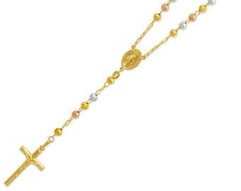 Solid 14K Tricolor Gold Rosary Necklace, Men Women Rosary Beads Virgin Mary Rosario Necklace, Gold Cross Necklace  3-5mm Size 24"-26"