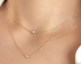 Solitaire Choker Necklace 14K Solid Yellow Gold Delicate Bezel Set CZ Necklace, Minimalist Adjustable Cable Chain